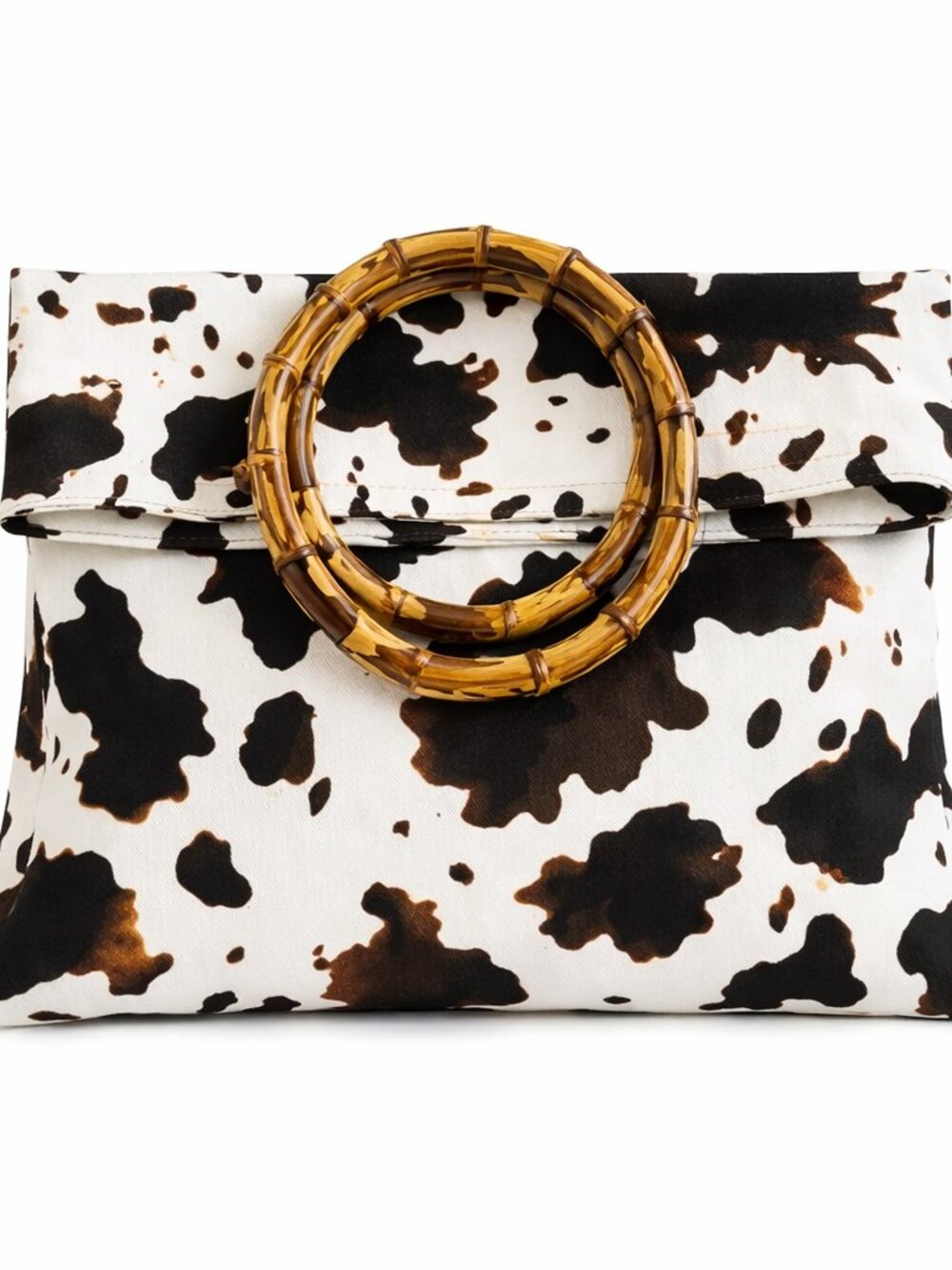 Cow Print Handbag Bamboo Handle Purse Womens Western Collapsible Top Handle Bag